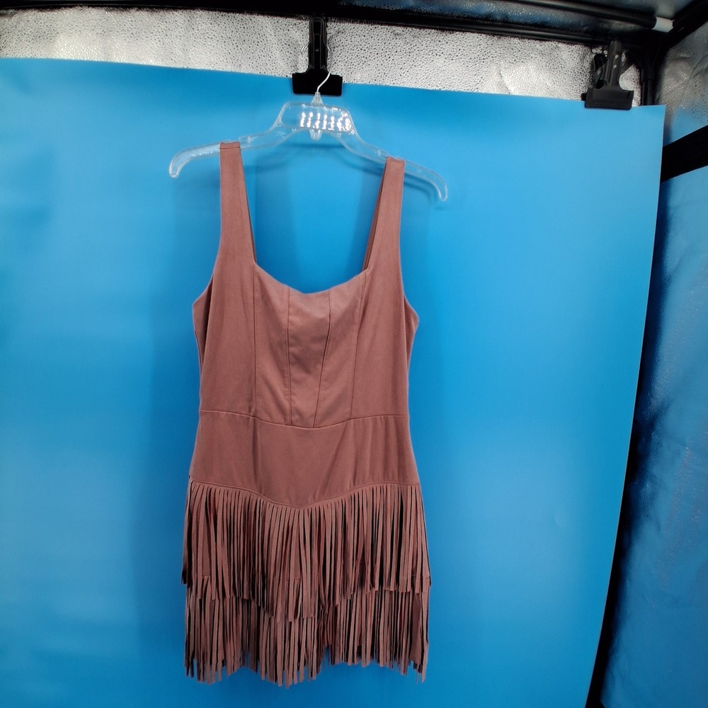 Trixxi Dress Women Large Pink Blush Rose Faux Suede Fringe Mini Square Neck Boho